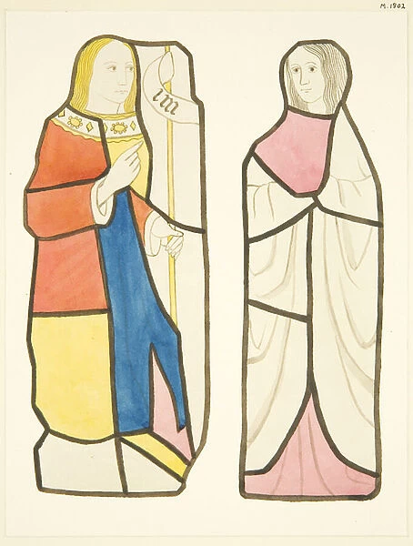 Two figures in stained glass windows south of choir in Bristol Cathedral (w  /  c on paper)