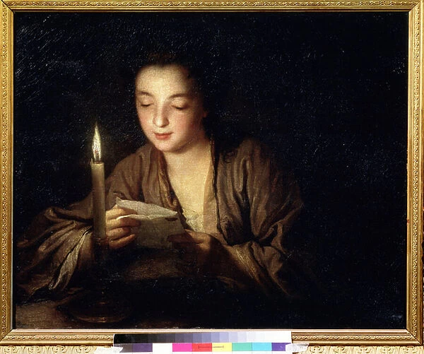 Fille a la bougie (Girl with a candle). Peinture de Jean Baptiste Santerre (1658-1717). Huile sur toile, 64 x 79 cm, vers 1700. Art francais du 18e siecle. Musee des Beaux Arts Pouchkine, Moscou