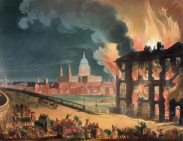 Fire at Albion Mill, Blackfriars Bridge, from Ackermanns Microcosm of London c