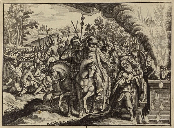 The fire of God burning Elijahs sacrifice rather than the one to Baal (engraving)