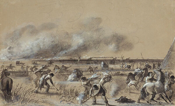 Fire on the Prairie, Setting Fire to the Camp, c. 1837 (wash with highlights on paper)