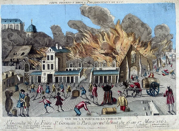 The fire of the Saint Germain fair in Paris, on the night of 16 to 17 March 1762