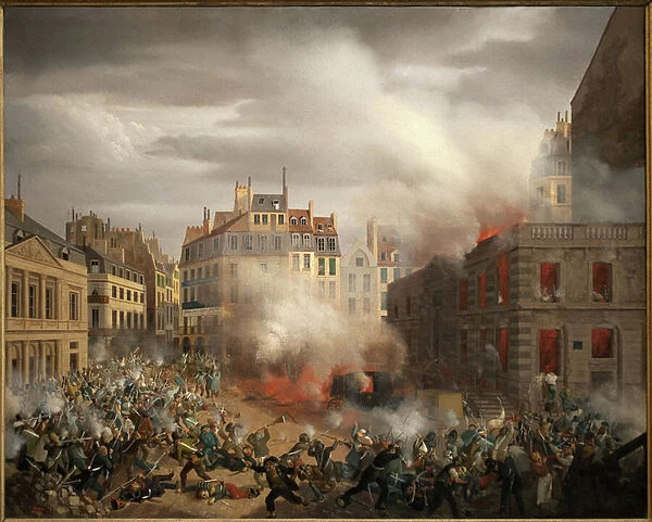 Fire of the water tower, Place du Palais Royal in Paris, February 24, 1848. Painting by Eugene Hagnauer (?), oil on canvas, 19th century French art. Musee Carnavalet, Paris