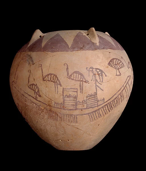 Fired clay jar with painted decoration, including boats and animals, c