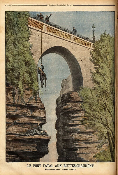 A firefighter saves a man who had taken advantage of the bridge of the park of the humps chaumont, held in an anfractuosite of the wall, he escaped without any injury. Engraving in 'Le petit journal'13  /  11  /  1898. Selva Collection