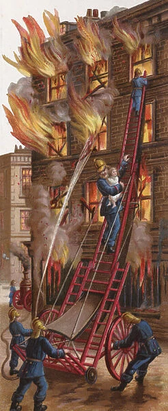 Fireman rescuing a child from a burning building (chromolitho)