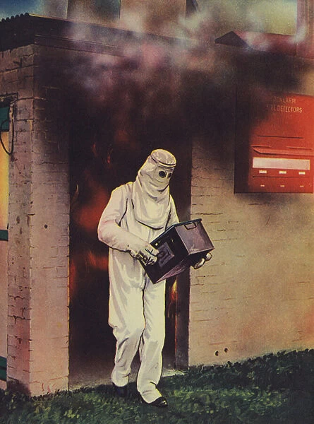 Fireman testing an asbestos flameproof suit (colour litho)