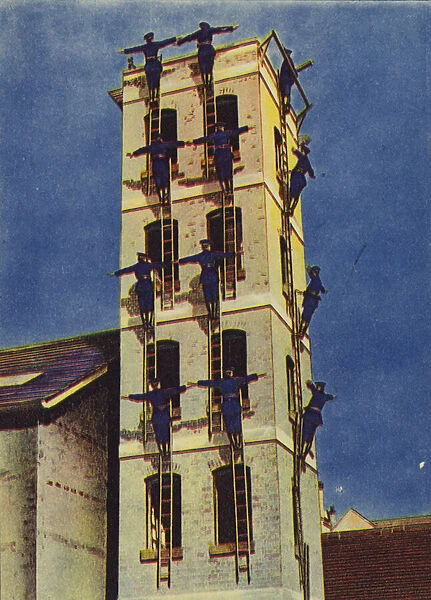 Firemen performing a ladder scaling drill (colour litho)