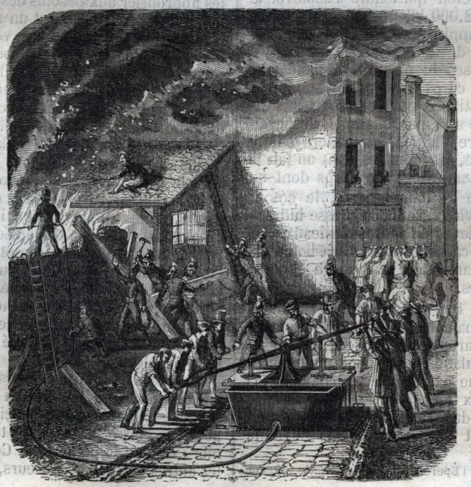 Framed Print : Firemen using a fire pump