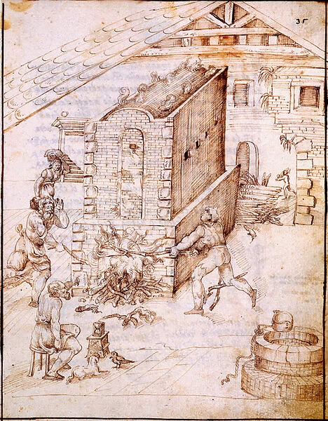 Firing an Early Kiln, c. 1630s (manuscript vellum)