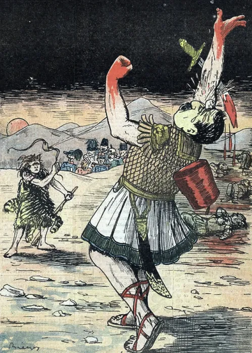 Framed Print : First Balkan War: 'The Alliance of Small States of the Balkan League succeeds in defeating the Turkish Gant represented as Goliath Framed Print : First Balkan War: 'The Alliance of Small States of the Balkan League succeeds in defeating the Turkish Gant represented as Goliath