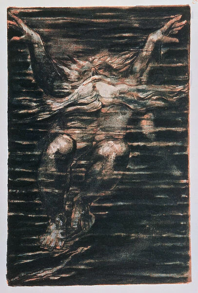 The First Book of Urizen; Bearded man swimming through water, 1794 (colour-printed