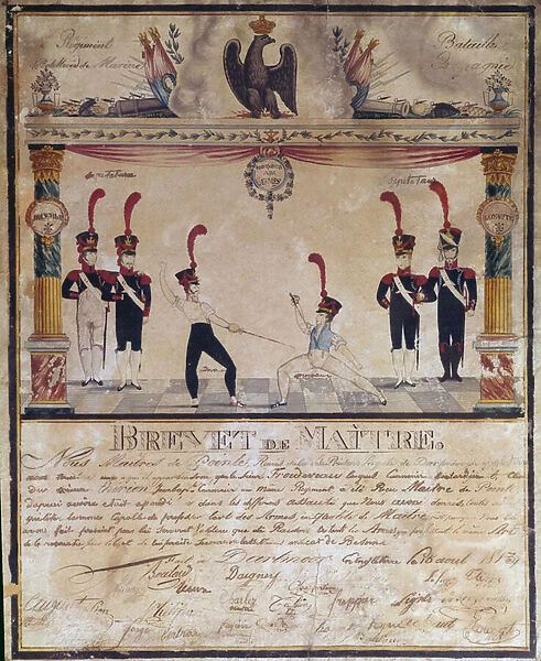 First Empire: Master of Arms certificate in 1813. Fencing diploma, Paris