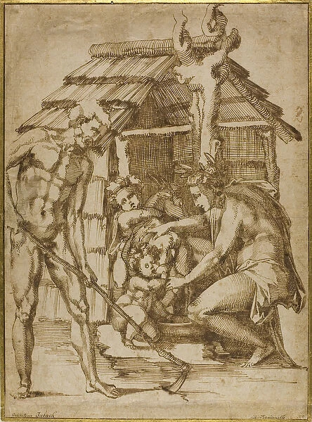 First Family Before a Shelter, 1547-48 (pen & brown ink on buff laid paper