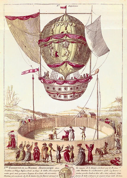 First flight of a hot air balloon, 22 December 1783 in Defsessebruk (Wales) (lithograph)