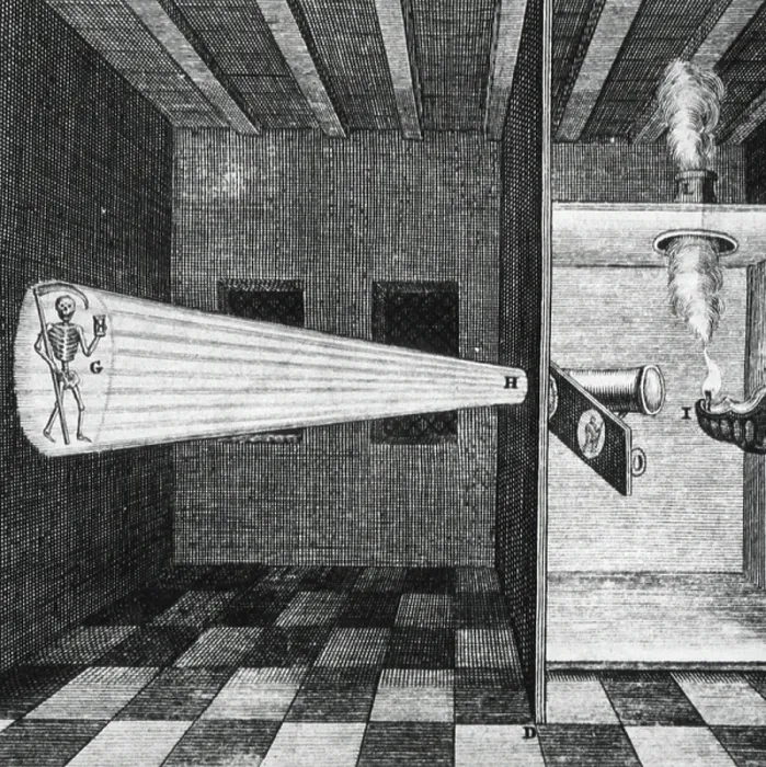 Framed Print : First illustration of a Magic Lantern. From Ars magna, Amsterdam, 1671, by Athanasius Kircher