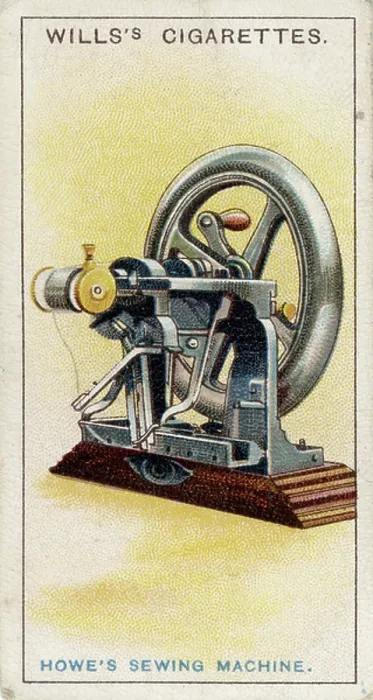 Framed Print : First lockstitch sewing machine, patented by Elias Howe (1819-1867), American inventor in 1845. From card published 1915. Chromolithograph
