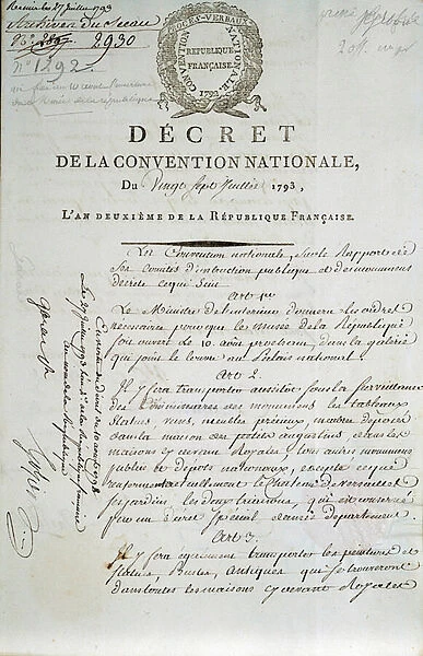 First page of the decret of the National Convention of 27  /  07  /  1793 establishing the Palais