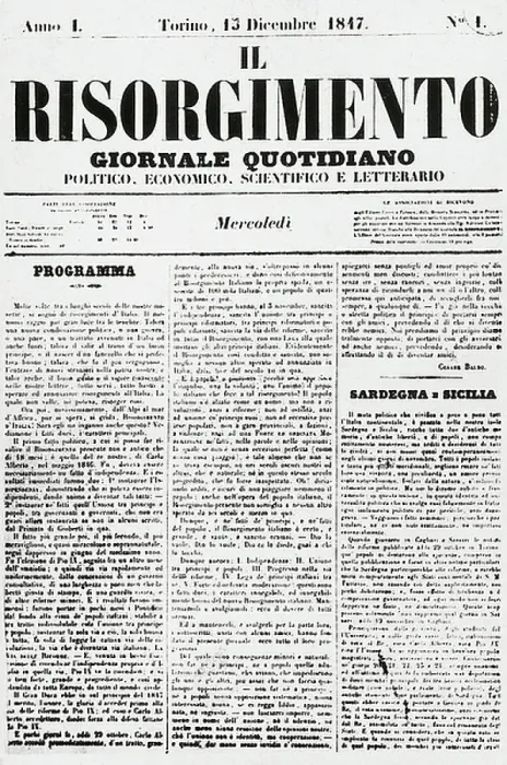 Framed Print : First page of first issue of Il Risorgimento, December 13, 1847, political newspaper founded by Cesare Balbo (1789-1953) and Camillo Benso Count of Cavour (1810-1861), Italy, 19th century