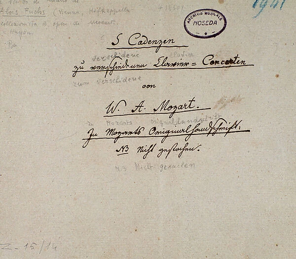 First page of a manuscript of 5 cadences for piano by Mozart (manuscript, 1880)