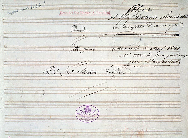 First page of musical score of minuet in Armida by J Haydn (1821)
