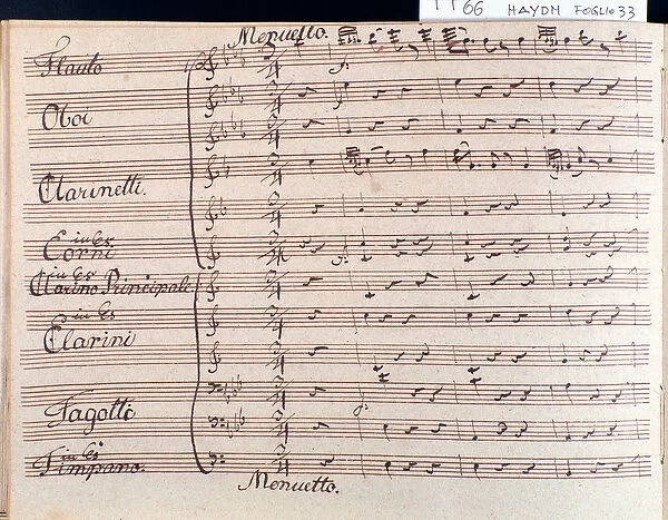 First page of musical score of minuet in Symphony 66 in B flat major by J Haydn