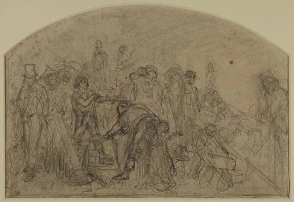 First Rough Sketch For Work (Compositional Sketch For The Figures), 1856 (pencil & chalk on paper)