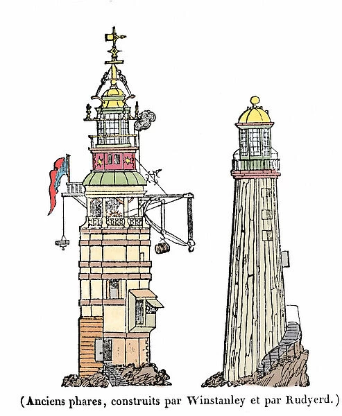 The first and second lighthouse in Eddystone. The first, built in 1696