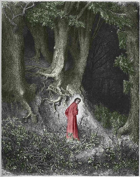 First song of Hell: the poet Dante finds himself in a forest. Illustration by Gustave Dore, 1852 (engraving)