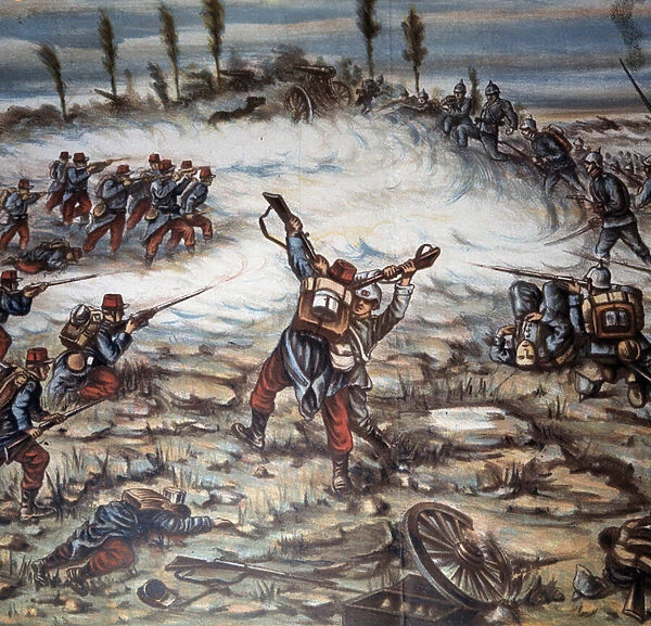 First World War (1914-1918): a battle between the French and German armed forces between Altkirch and Mulhouse on 21  /  08  /  1914. Illustration by Achille Beltrame (1871-1945). Private collection