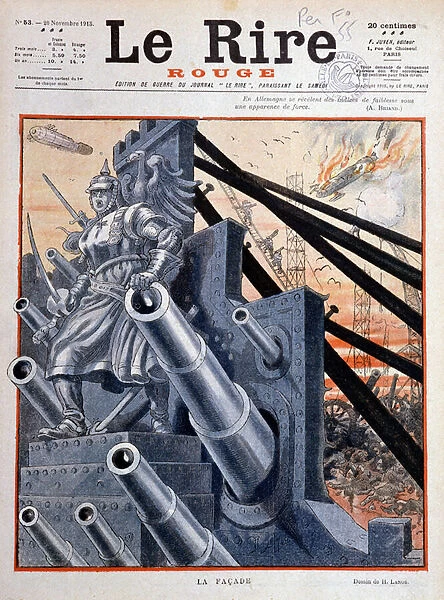 First World War (1914-1918): the facade of war - a triumphant sculpture of war Germany directs the guns, but is only a decor that hides the battlefield where soldiers bodies lie under fire and in blood - Drawing by H