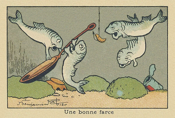 Two fish hook a pan to the hook in the fisherman's line. ' A good joke', 1936 (illustration)