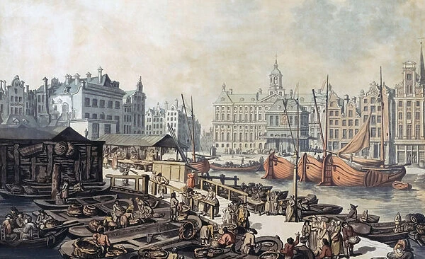 Fish market, Dam Square, Amsterdam, Netherlands, 1797 (engraving)