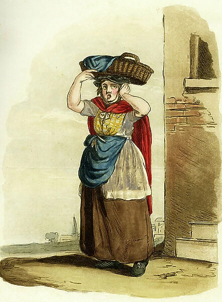 Fish saleswoman, England. English engraving, 1854