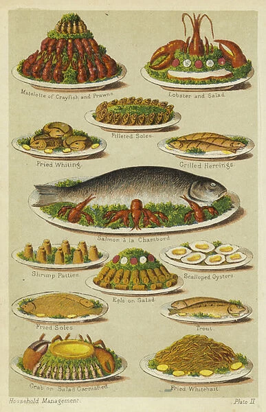 Fish and seafood dishes (colour litho)