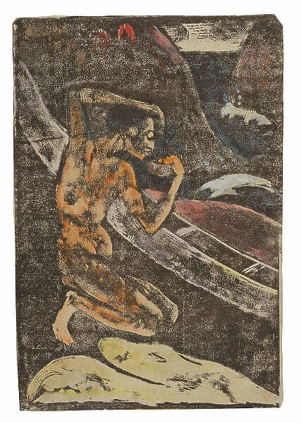 A Fisherman Drinking Beside His Canoe, 1894 (woodblock print with w / c and gouache on paper)