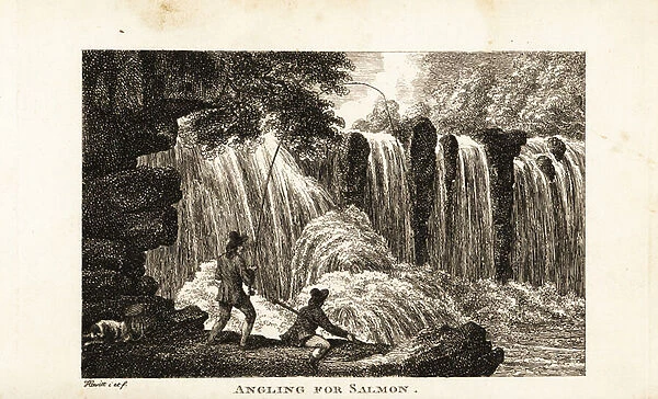 Fisherman fishing for salmon on the banks of a river near a waterfall