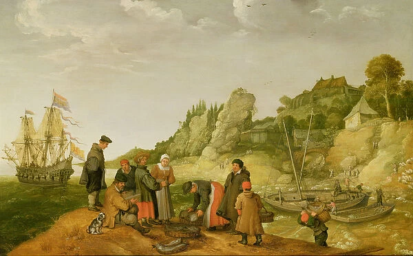 Fisherman unloading and selling their catch on a rocky shoreline