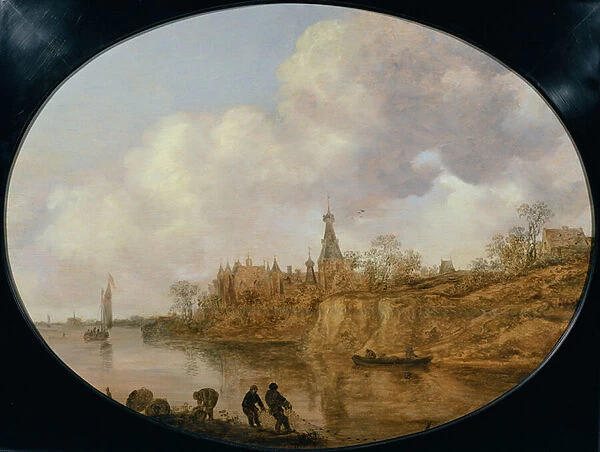 Three Fishermen Hauling a Net and Baskets on the Bank of a River Landscape with a Castle and Village in the Distance, 1649 (oil on panel)