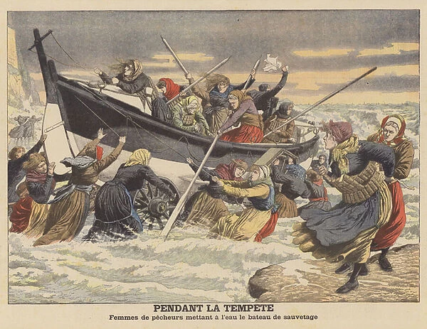 Fishermens wives launching a lifeboat during a storm (colour litho)