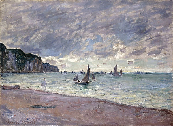 Fishing Boats in front of the Beach and Cliffs of Pourville, 1882 (oil on canvas)