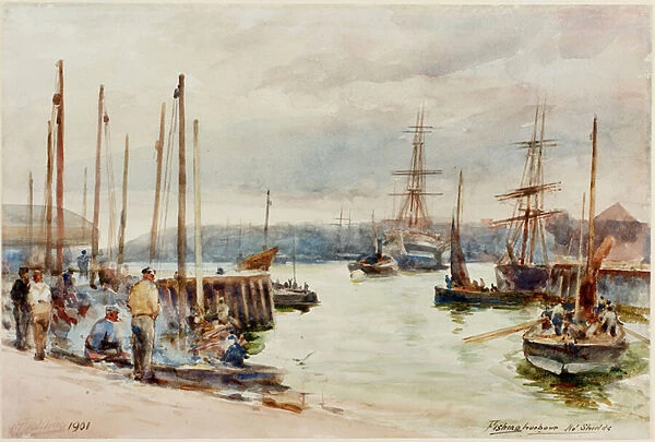 Fishing Harbour, North Shields, 1901 (pencil & w  /  c on paper)