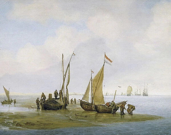 Fishing for mussels, three Dutch fishing boats on the shore, one of which has its sail raised, and groups of fishermen busy maintaining and unloading boats, farther down the beach, two others carry baskets full of mussels