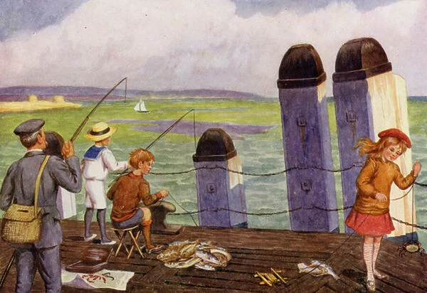 Fishing from the pier (colour litho)