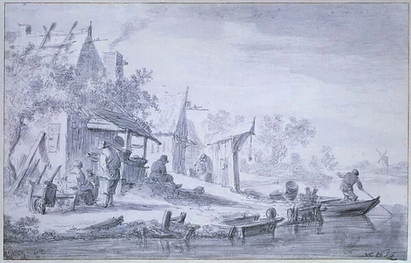 Fishing village, 1653 (crayon & wash)