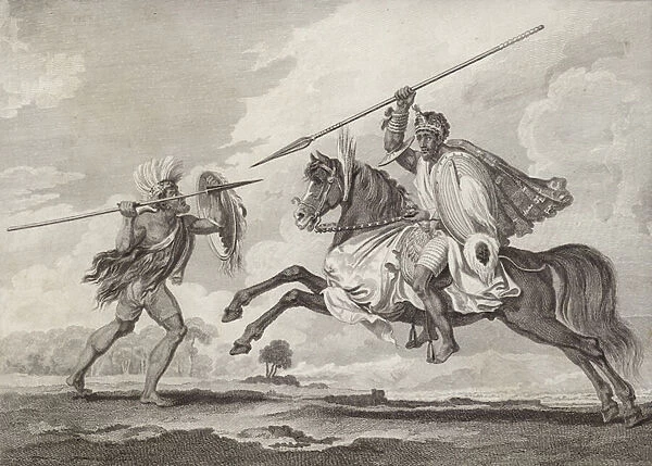 Fit Aurari Zogo attacking a foot soldier, Ethiopia (engraving)