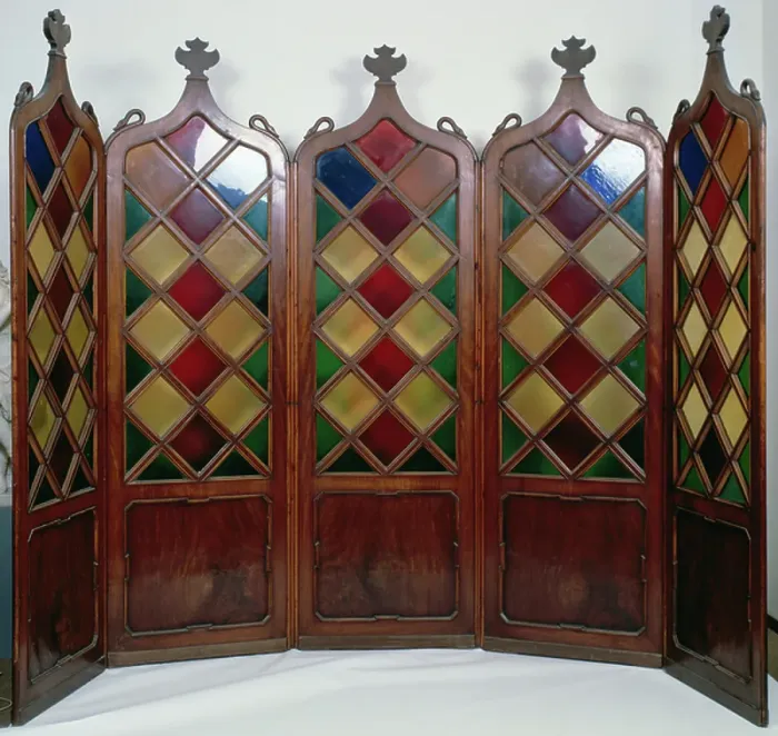Framed Print : Five-panel screen with walnut frames and polychrome blown glass, ca 1860, Italy, 19th century Framed Print : Five-panel screen with walnut frames and polychrome blown glass, ca 1860, Italy, 19th century