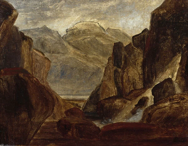 Fjord Landscape with Waterfall (oil on canvas)