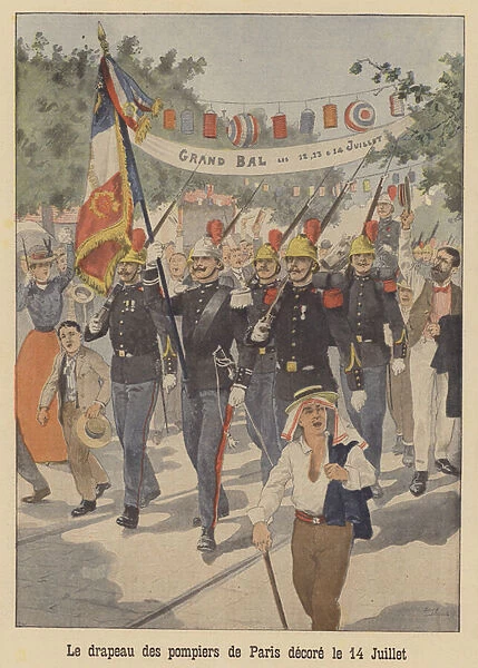The flag of the Paris Fire Brigade being carried at a Bastille Day parade (colour litho)