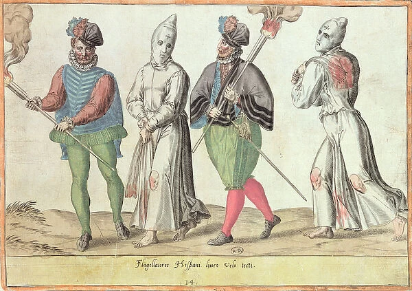 Flagellants in Spain (coloured engraving)
